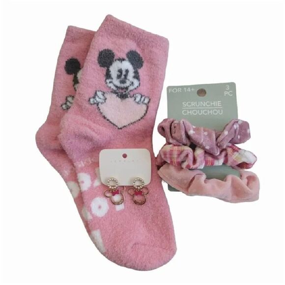 Disney Pink Mickey Socks Minnie Earrings And Hair Scrunchies Bundle NWT - Picture 6 of 13